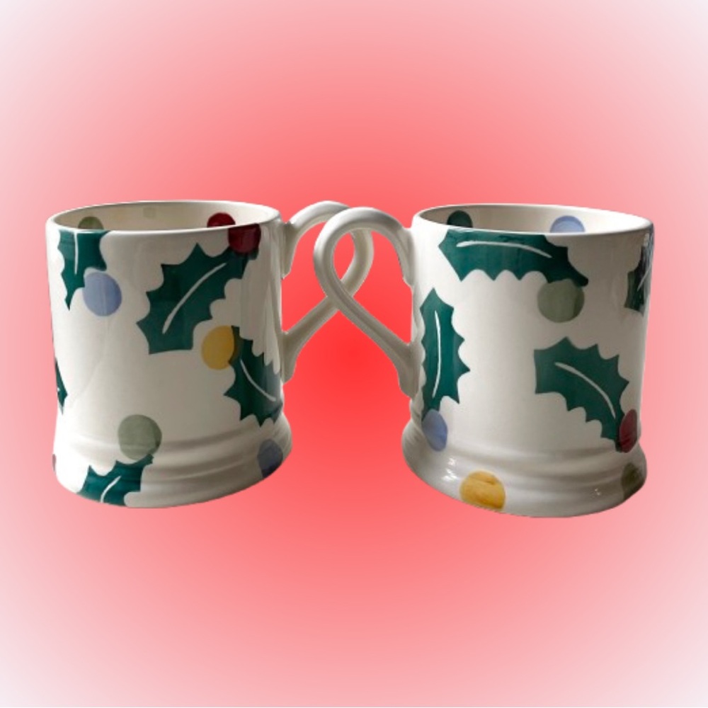 Pair of Emma Bridgewater polka holly half pint mugs NWT Christmas festive